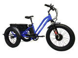 The Blue electric Fat Trike with three black fenders, a large rear basket and drybag