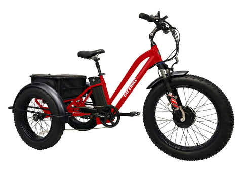 A Red electric Fat Trike with three black fenders, a large rear basket and drybag